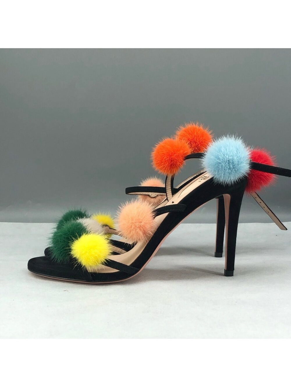 Fendi Black Satin High Heels with Multicolor Pom-Poms